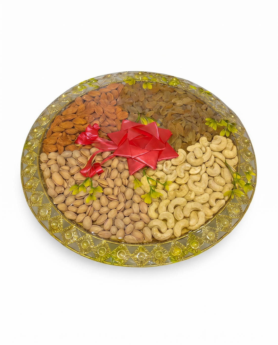 Premium 4-in-1 Dry Fruit Gift Set in Golden Metal Tray
