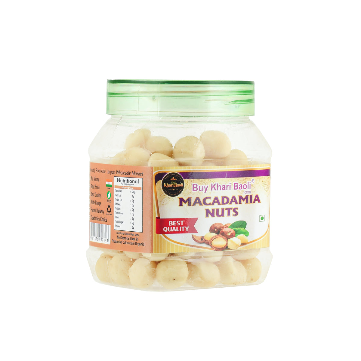 Jar of macadamia nuts with a label on a white background