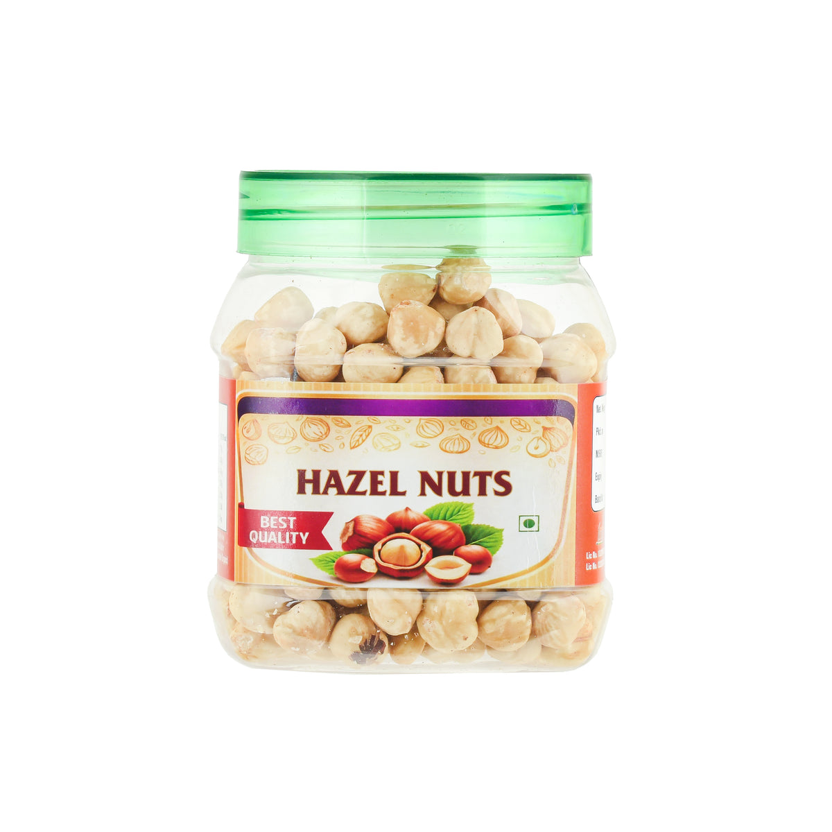 Jar of hazelnuts with a clear lid on a white background