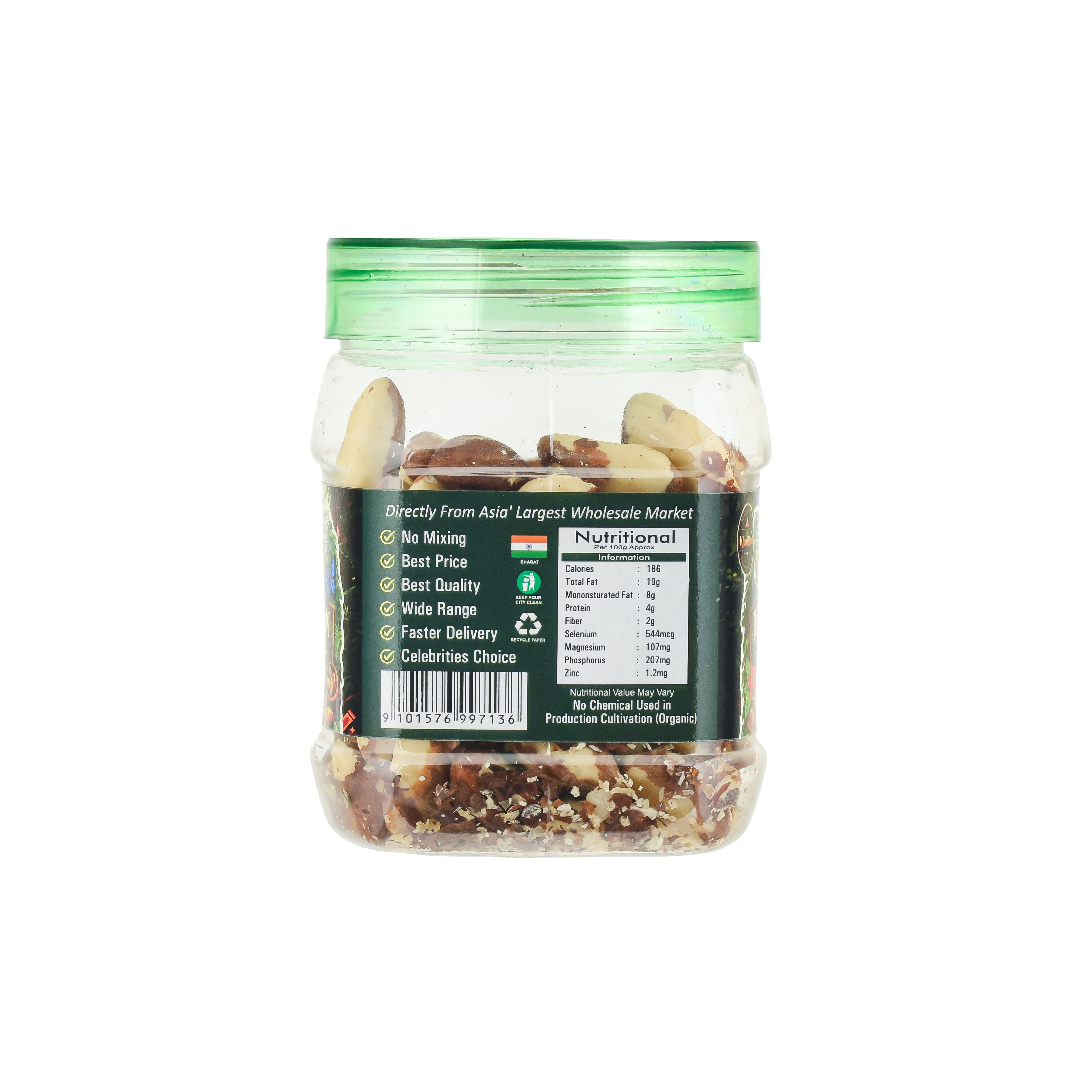 Jar of mixed nuts with a green lid