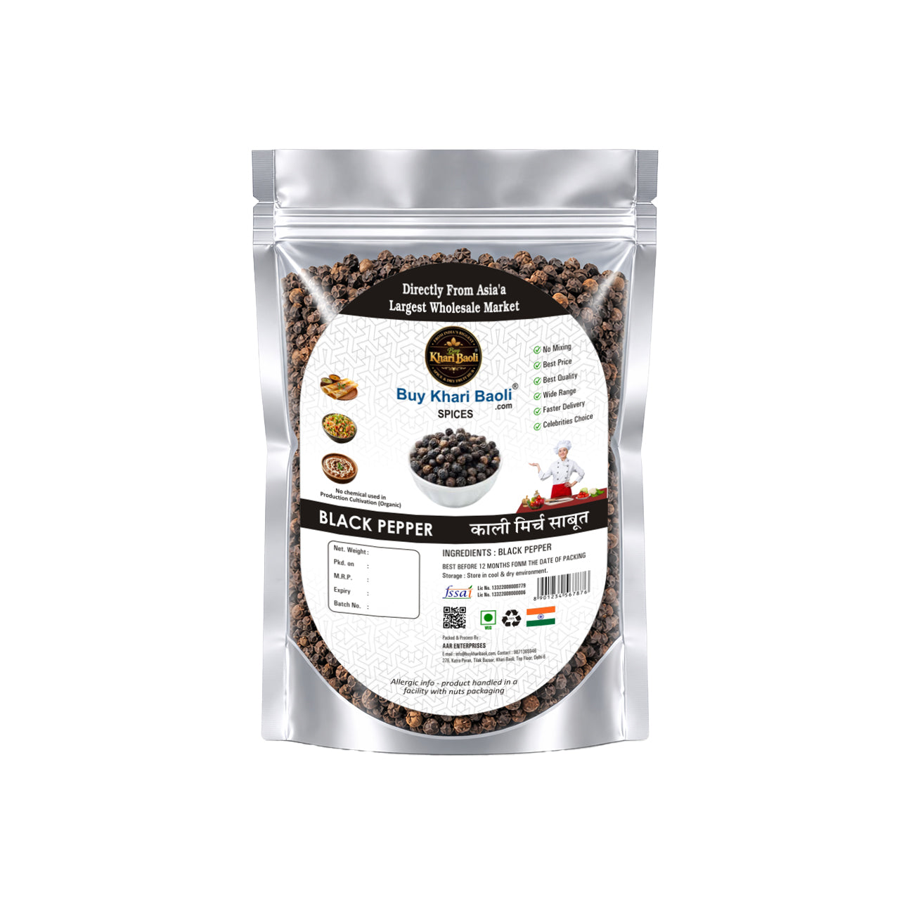 Packaged black pepper with a white label
