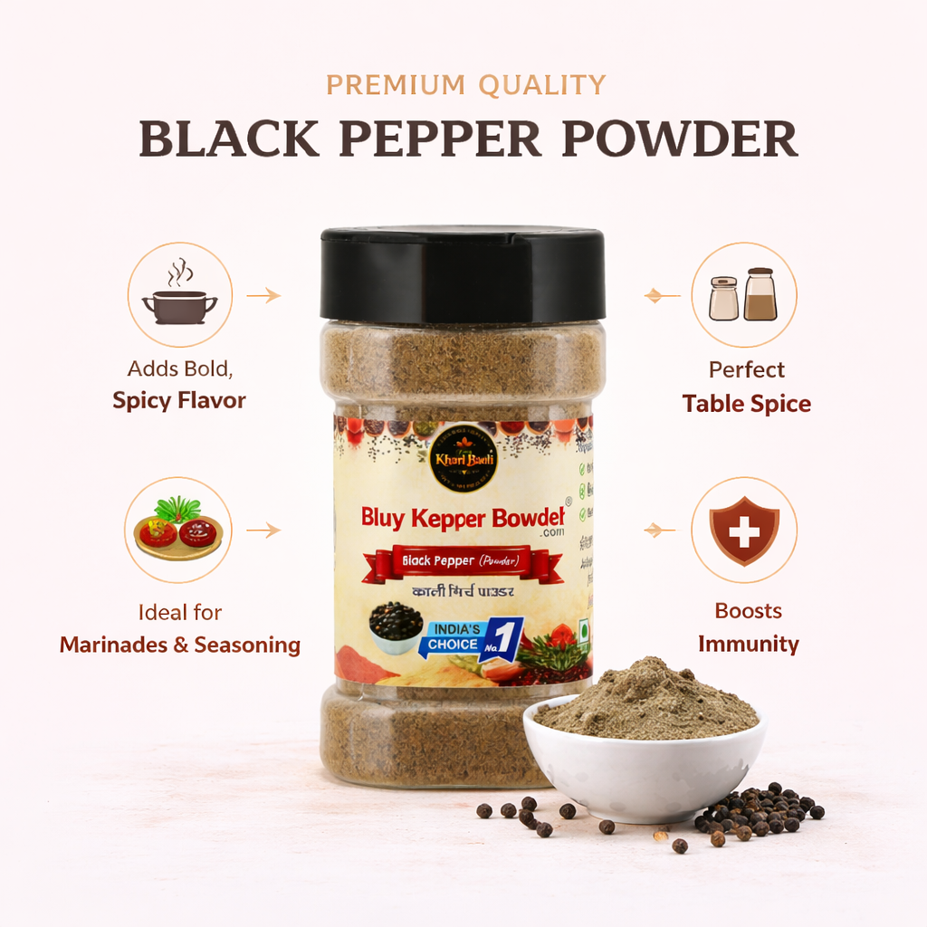 Black pepper powder jar with benefits listed on a white background