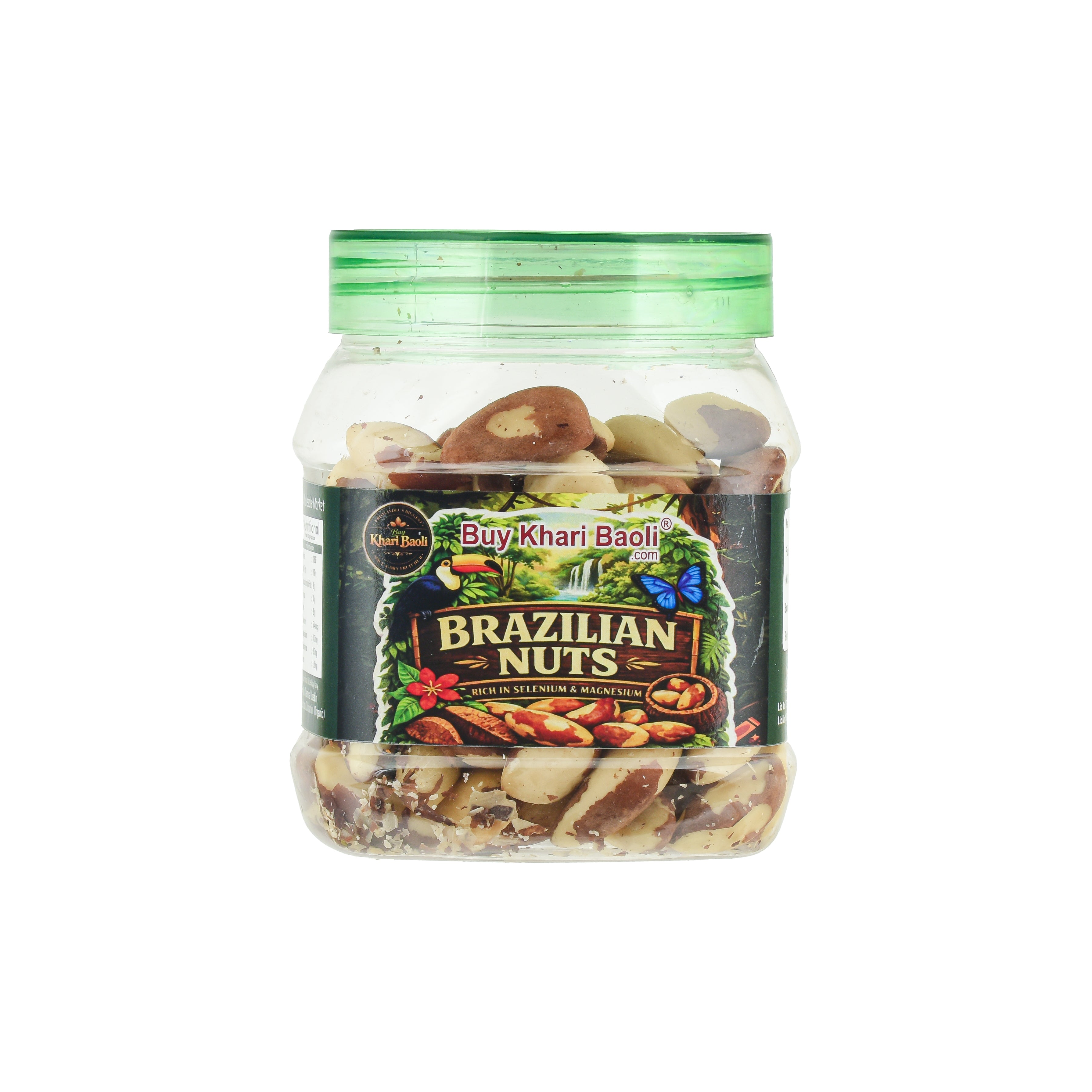 Jar of Brazilian Nuts with a green lid on a white background
