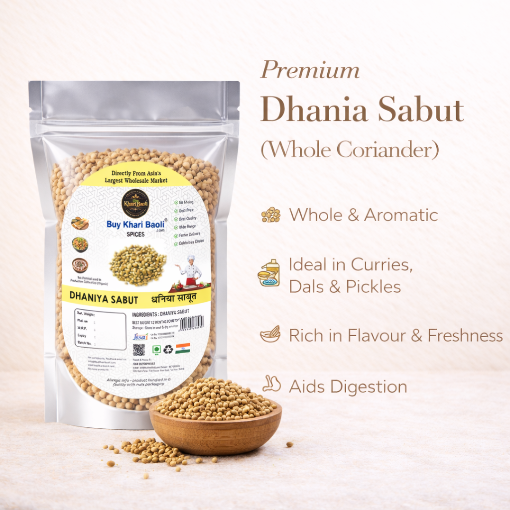 Packaging of Dhania Sabut (whole coriander) with text highlighting its benefits on a light background.