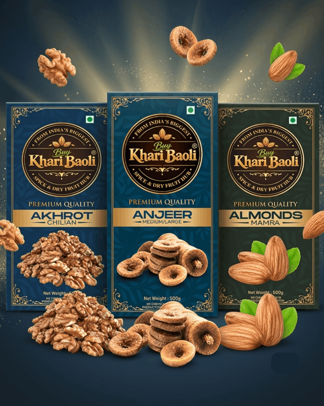HEALTHY DRY FRUIT COMBO (250gm chilian Akhrot kernels+250gm Anjeer large+ 500gm almond Mamra)