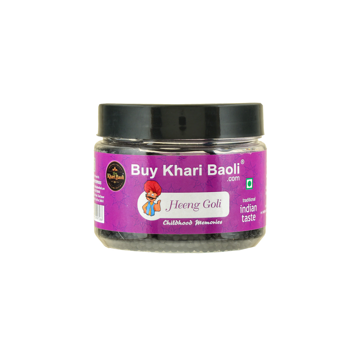 Jar of 'Heeng Goli' with a purple label on a white background