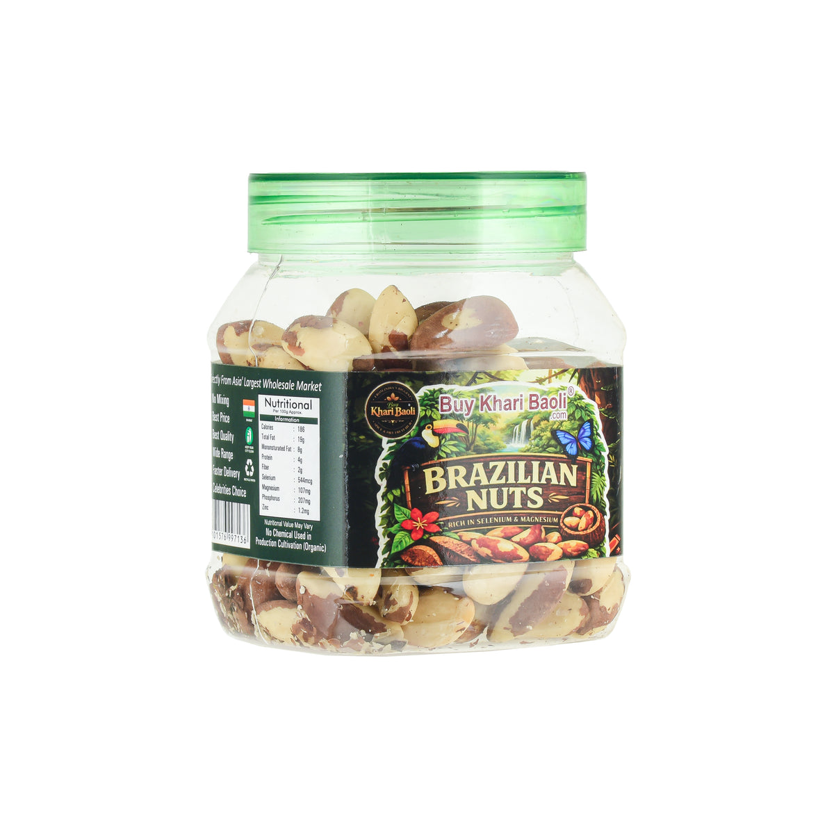 Jar of Brazilian nuts with a green lid on a white background