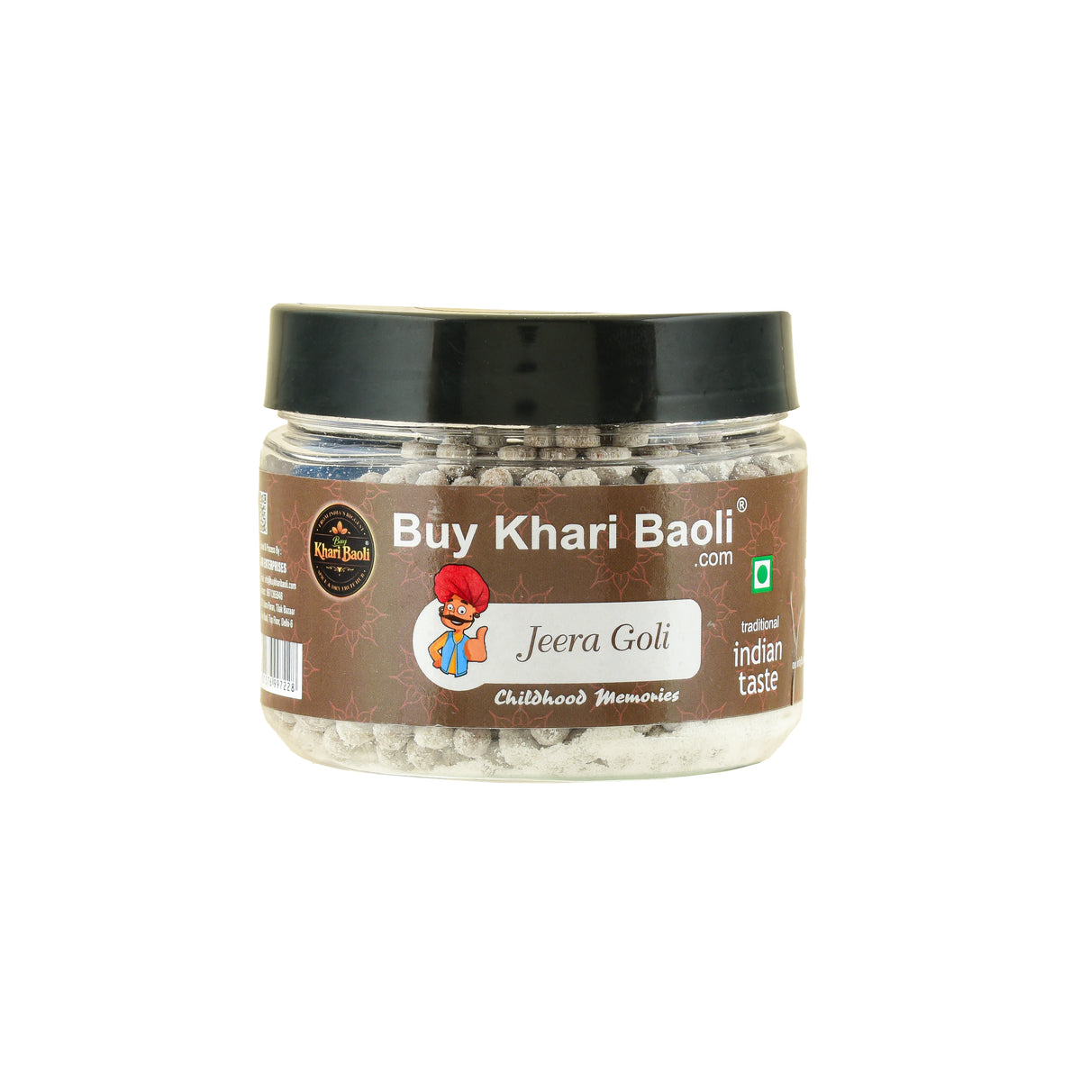 Jar of 'Jeera Goli' with a visible brand label on a white background