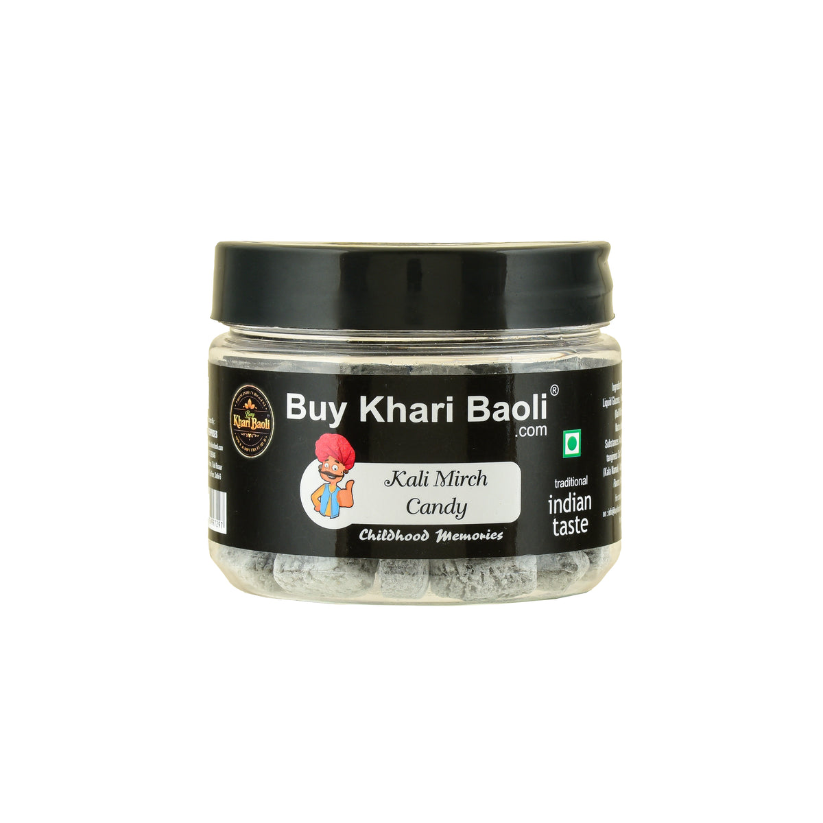 Jar of Kali Mirch Candy with a black lid
