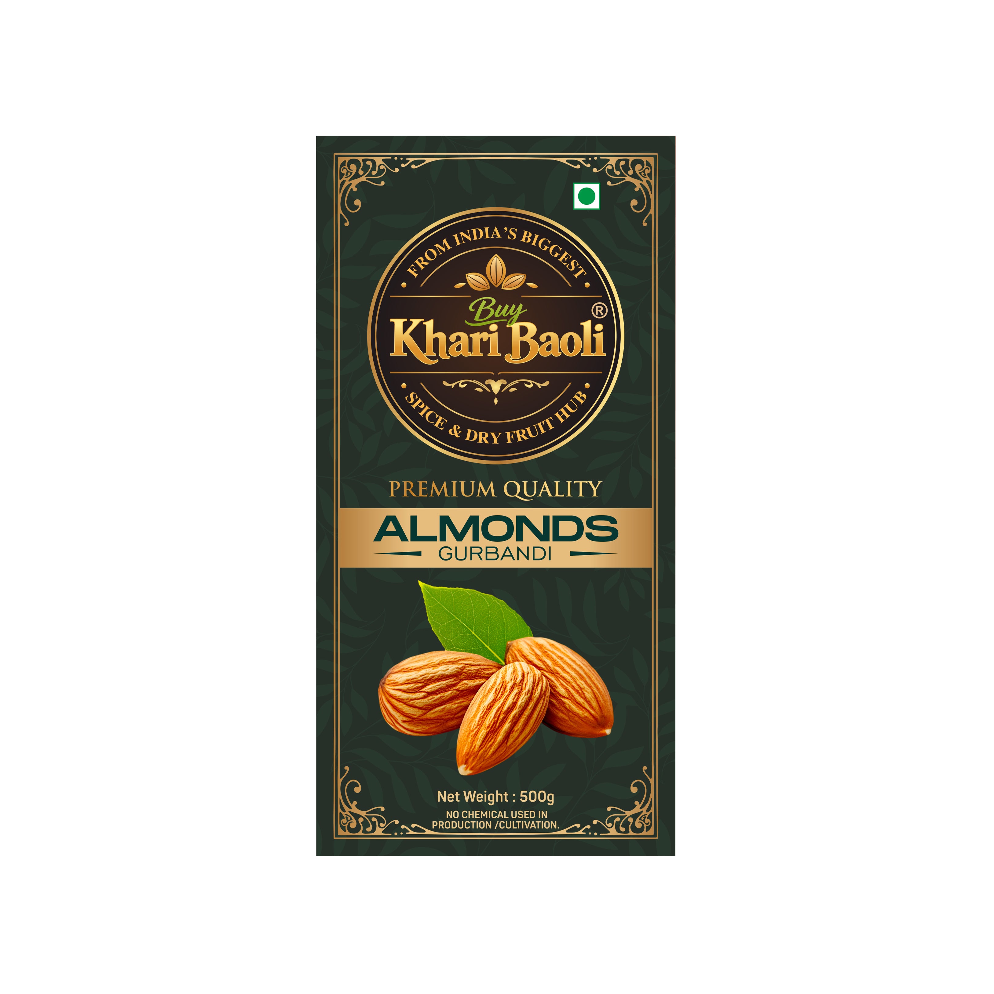 Khari Baoli almond packaging on a white background