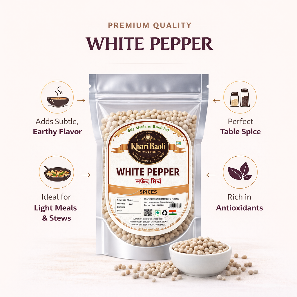 Packaging of Khari Baoli white pepper with product