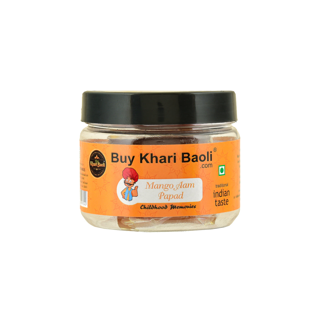 Jar of Khari Baoli with an orange label on a white background