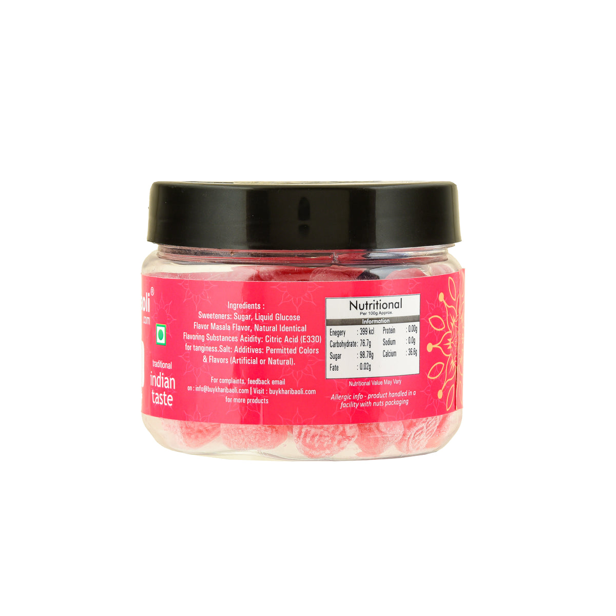 Jar with a pink label and black lid on a white background