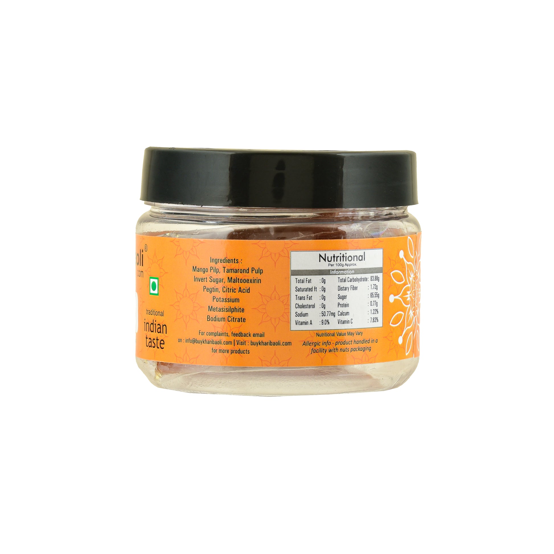 Jar of food with an orange label on a white background