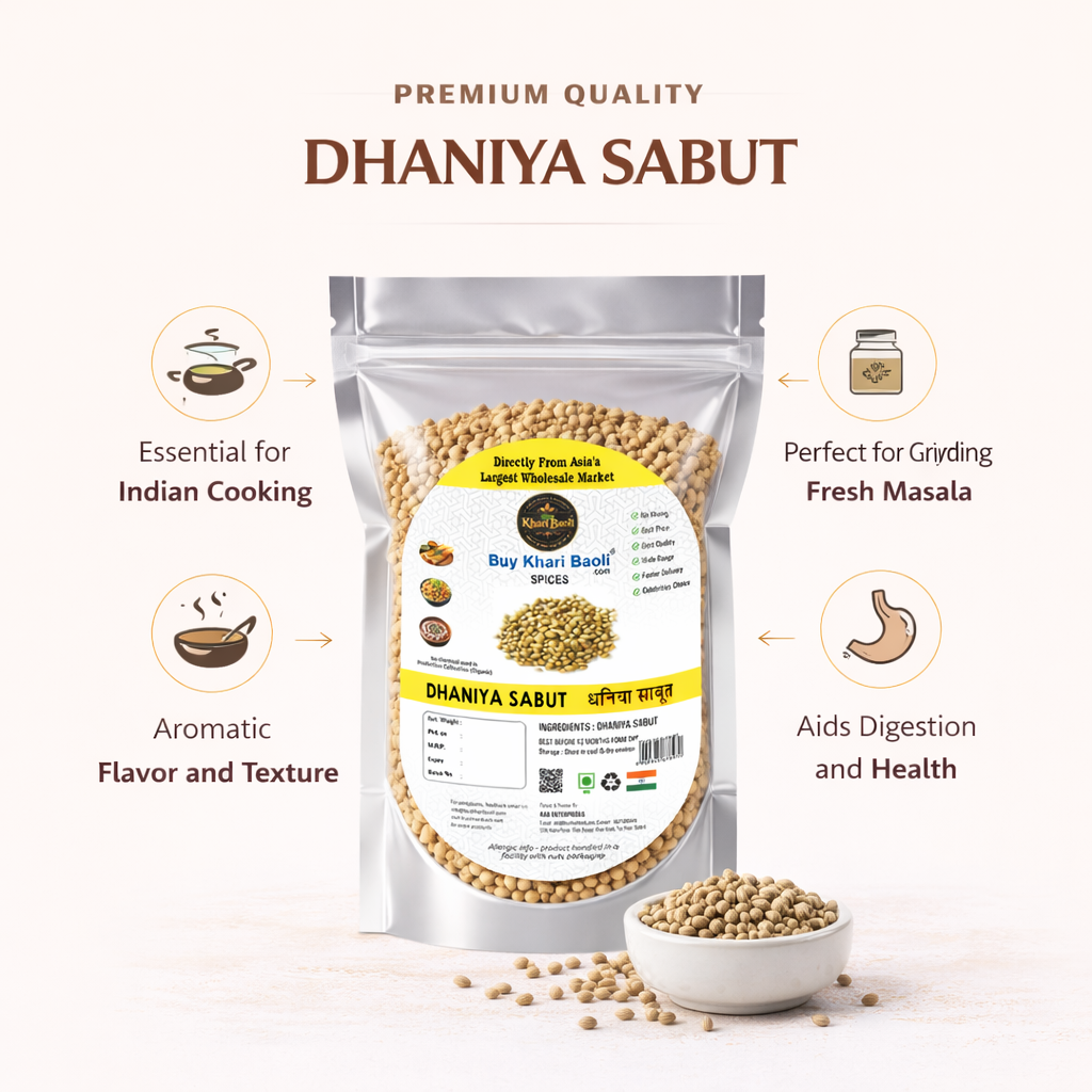 Packaging of Dhaniya Sabut with health benefits on a white background