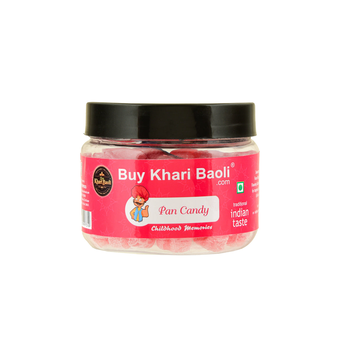 Jar of Khari Baoli candy with a pink label on a white background