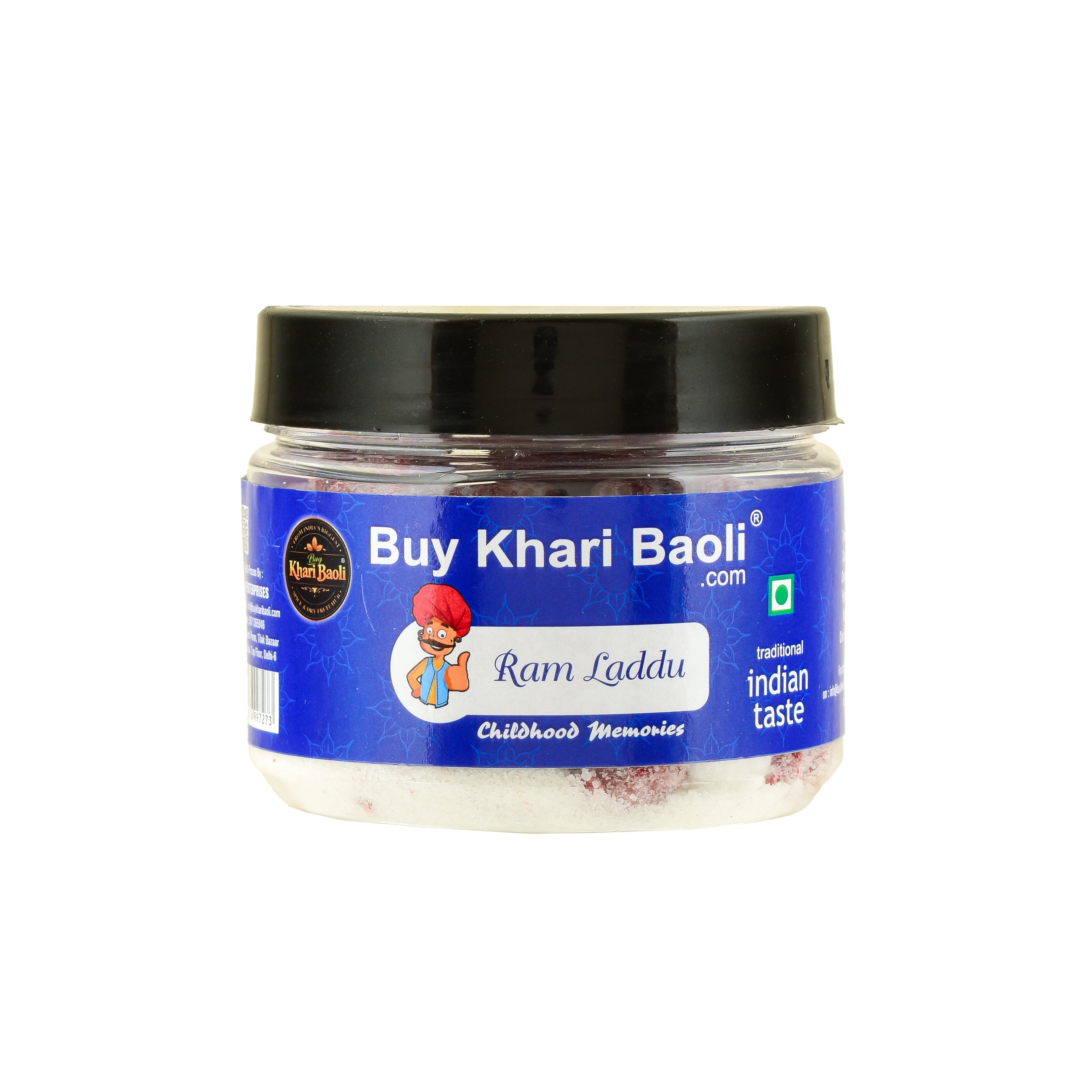 Jar of Ram Laddu with a blue label