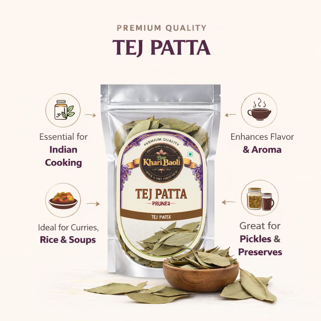 Tej Patta spice package with text highlighting its uses and benefits