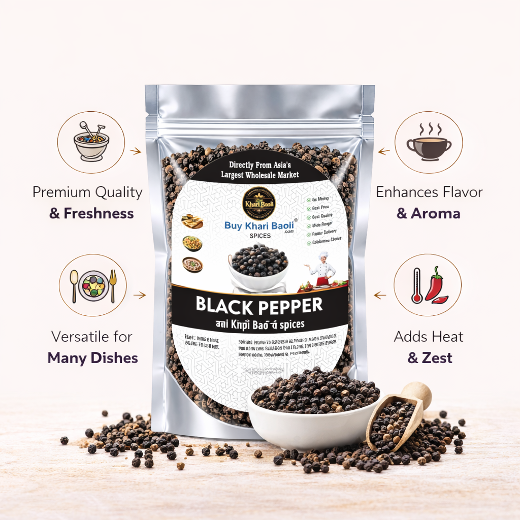 Packaging of black pepper with text highlighting its benefits