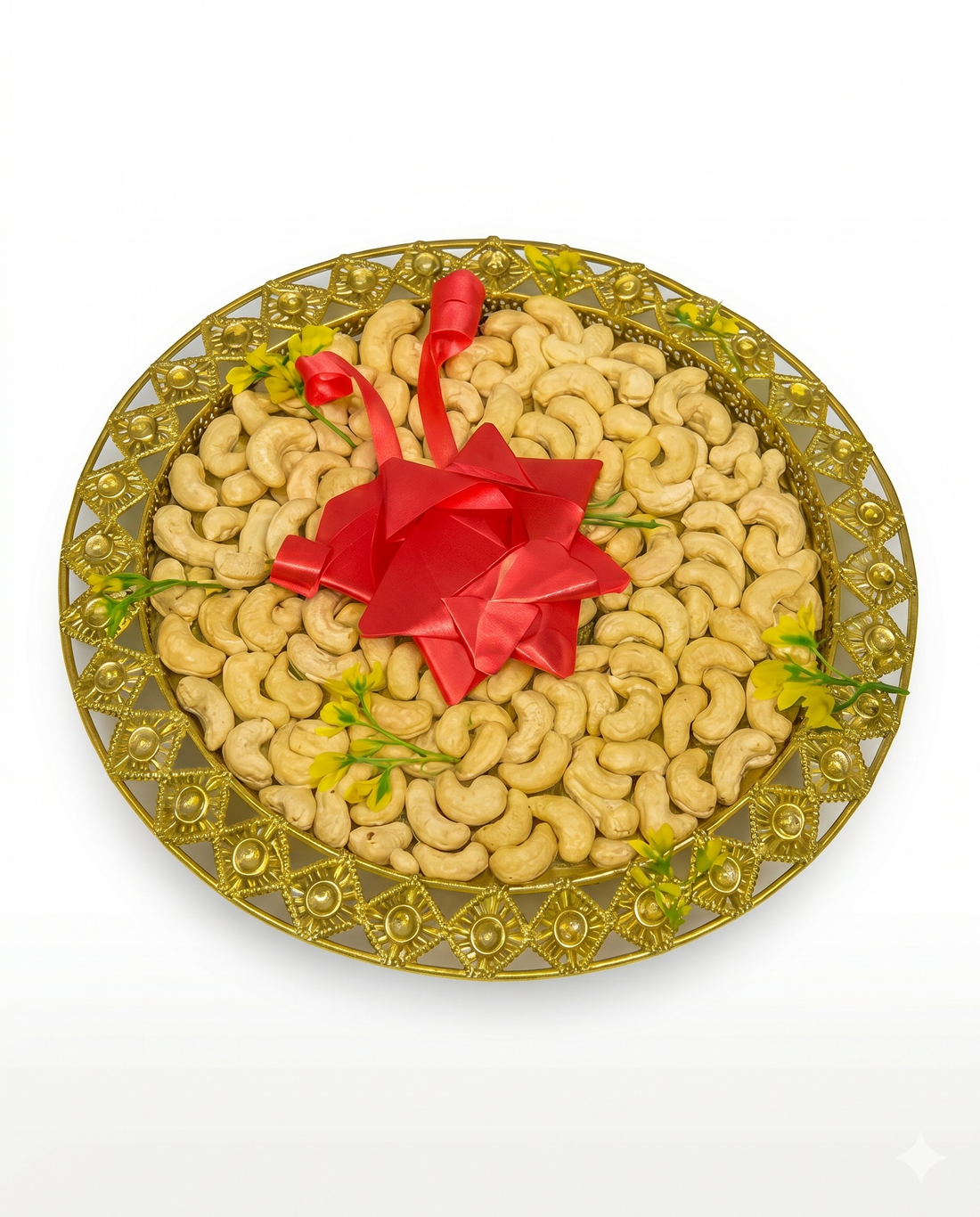 Elegant Cashew Platter in Golden Decorative Tray