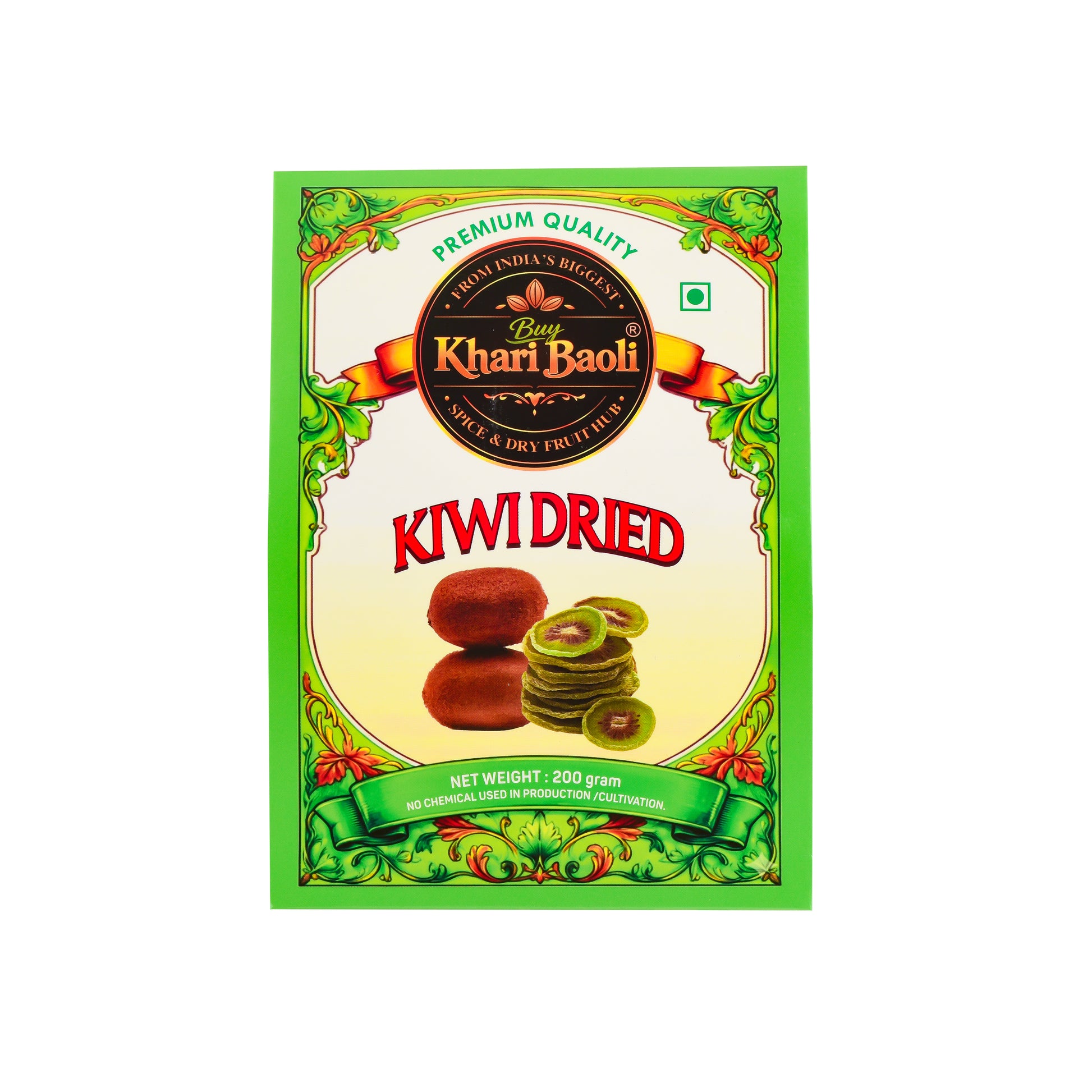 Packaging of Khariboli dried kiwi on a white background