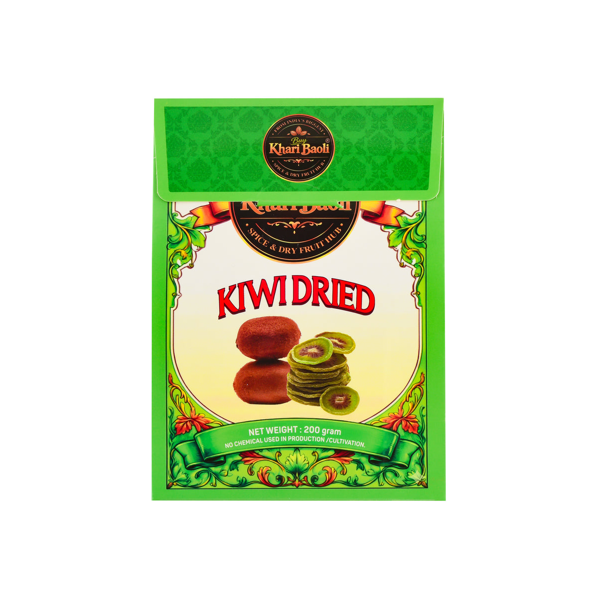 Packaged dried kiwi fruit with green border 