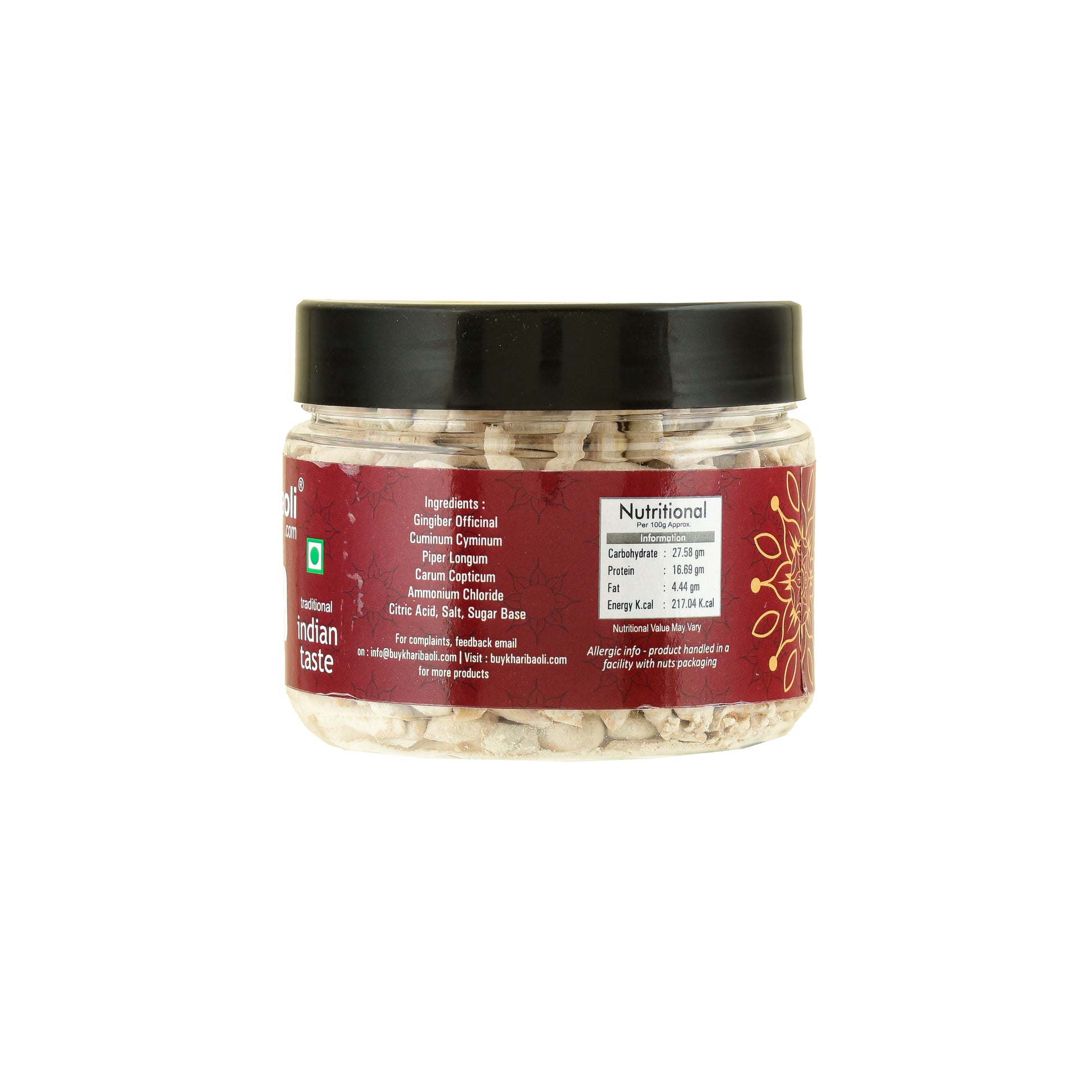 Jar of dried mushrooms with a red label on a white background
