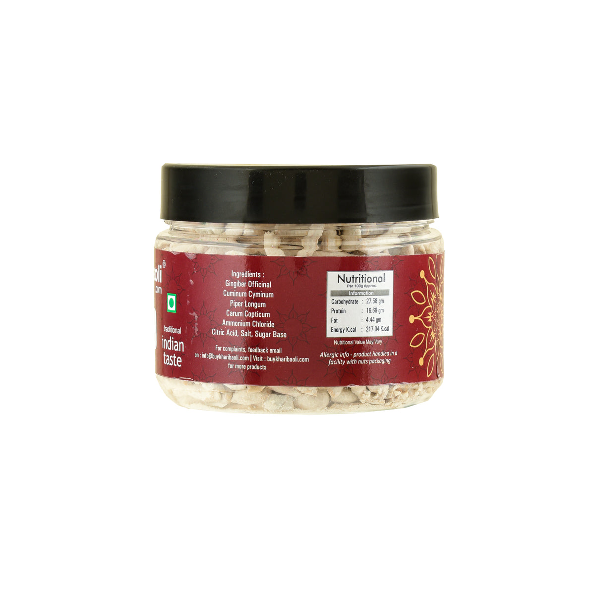 Jar of dried mushrooms with a red label on a white background