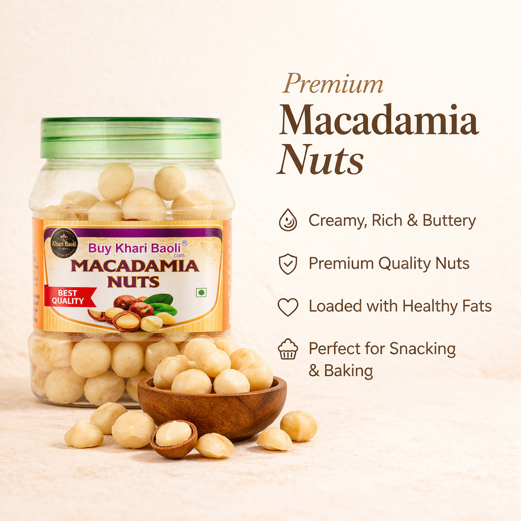 Jar of macadamia nuts with a wooden bowl