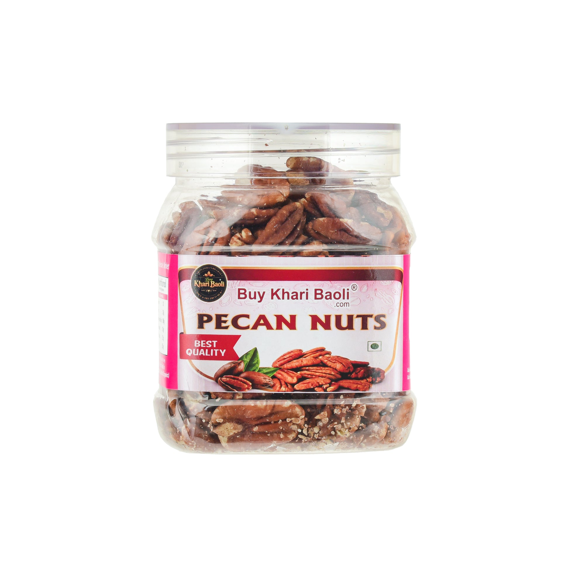 Jar of pecan nuts with a visible label on a white background