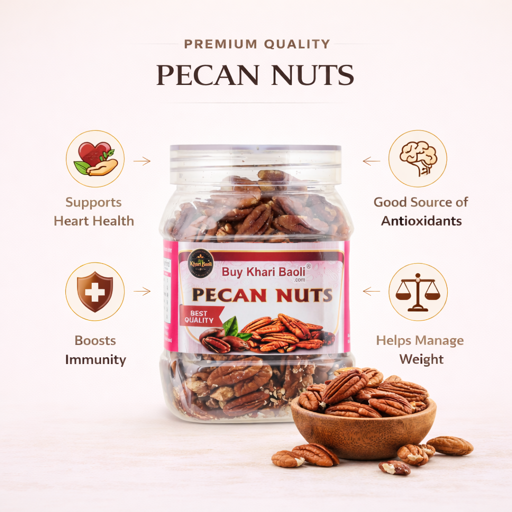 Jar of pecan nuts with health benefits on a white background