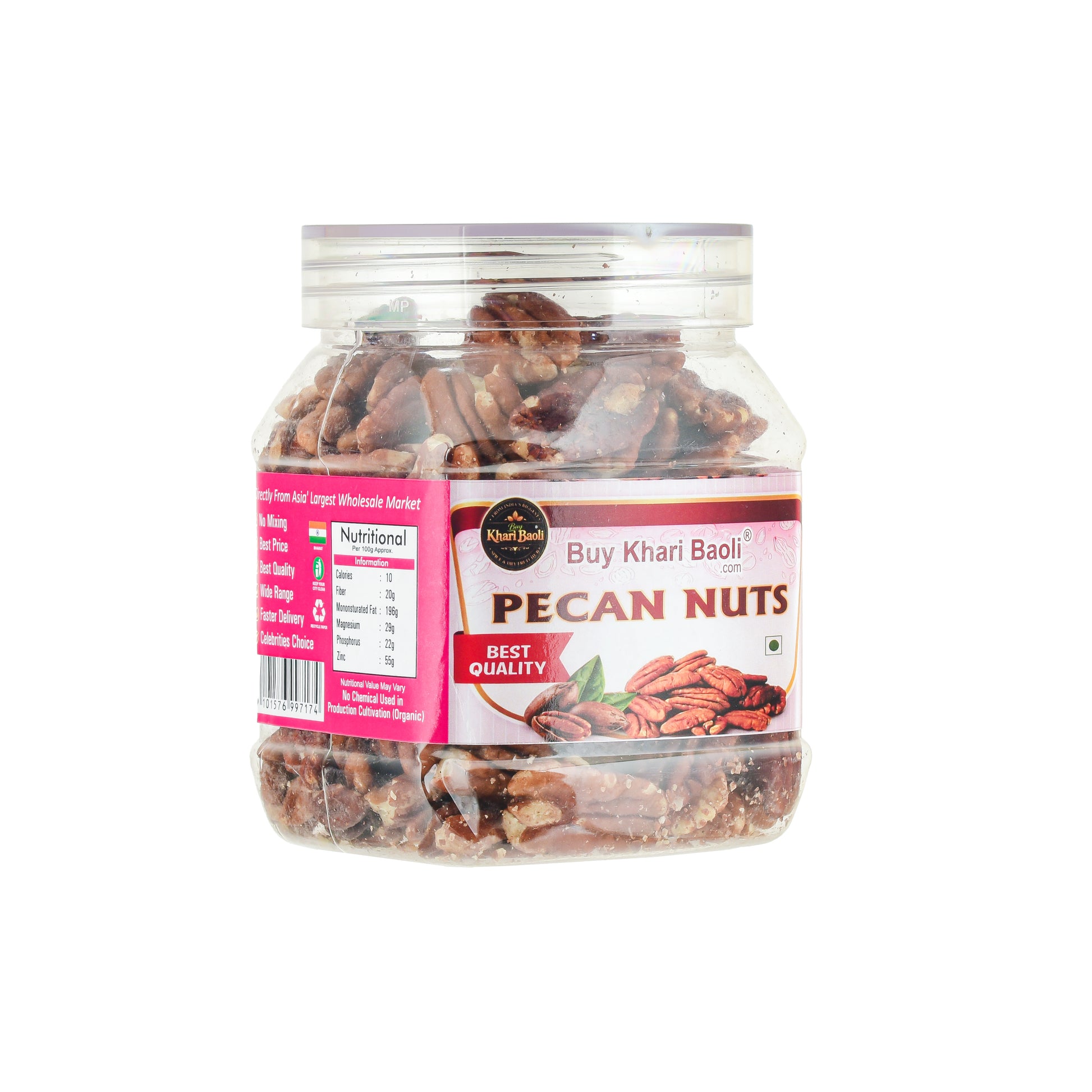 Jar of pecan nuts with a pink label 