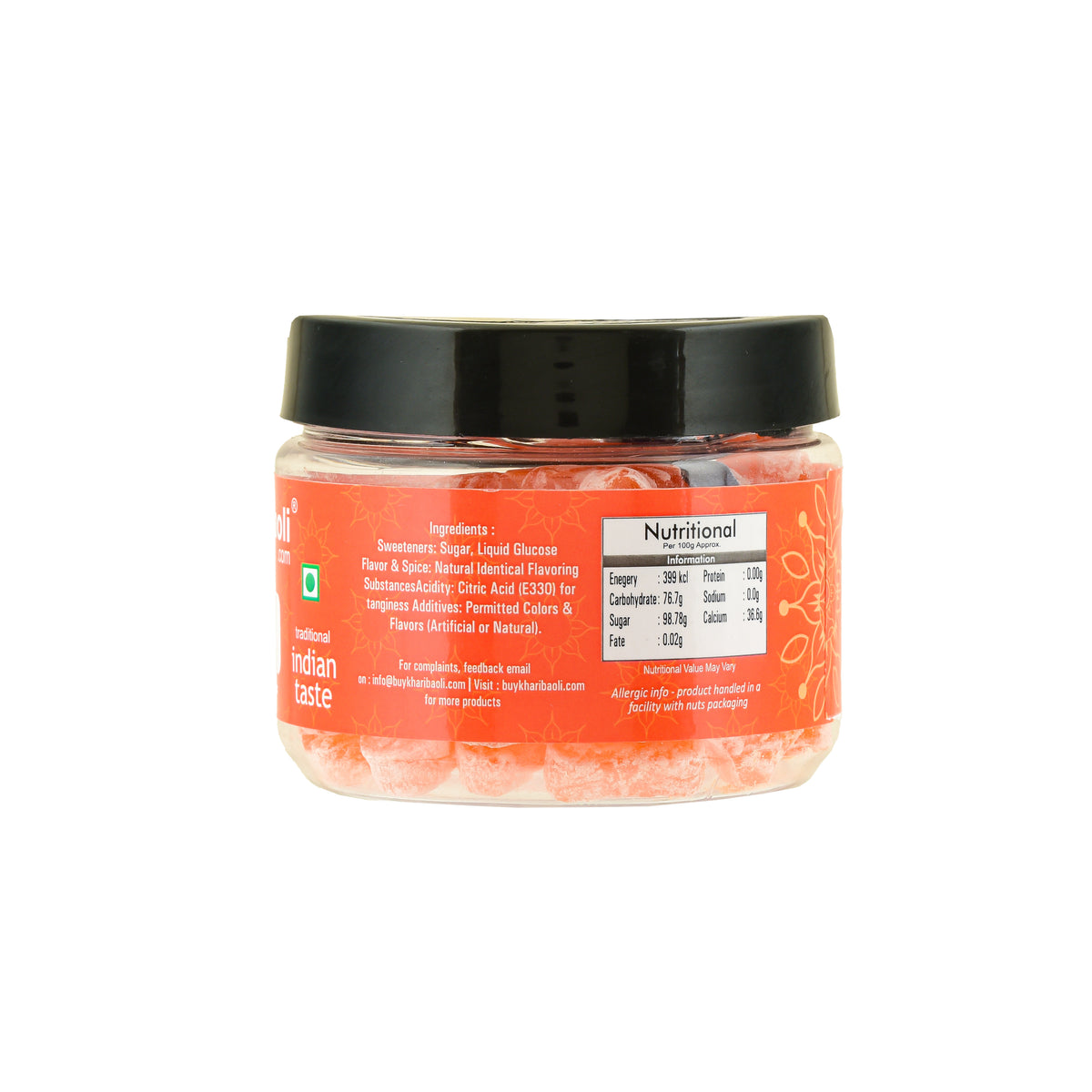 Jar of pink salt with black lid on a white background