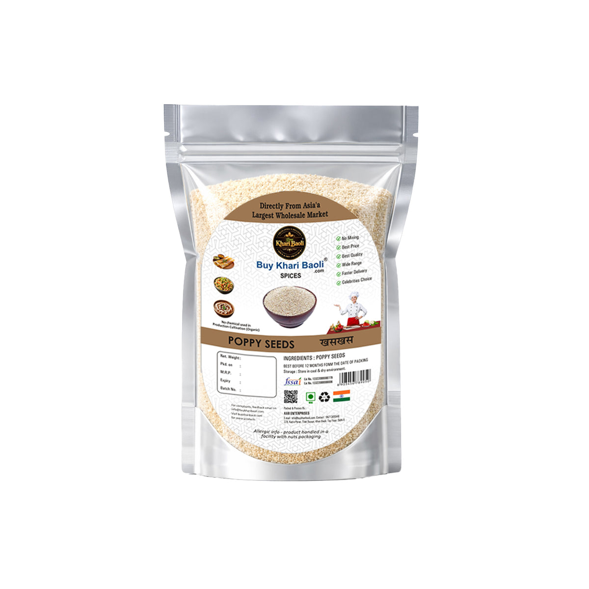 Package of poppy seeds with a label on a white background