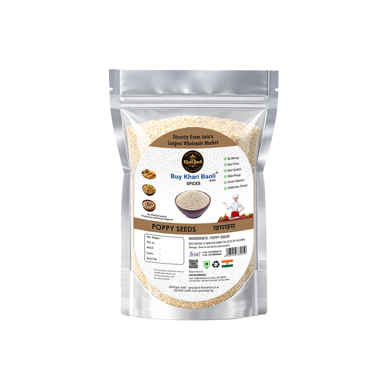 Package of poppy seeds with a label on a white background