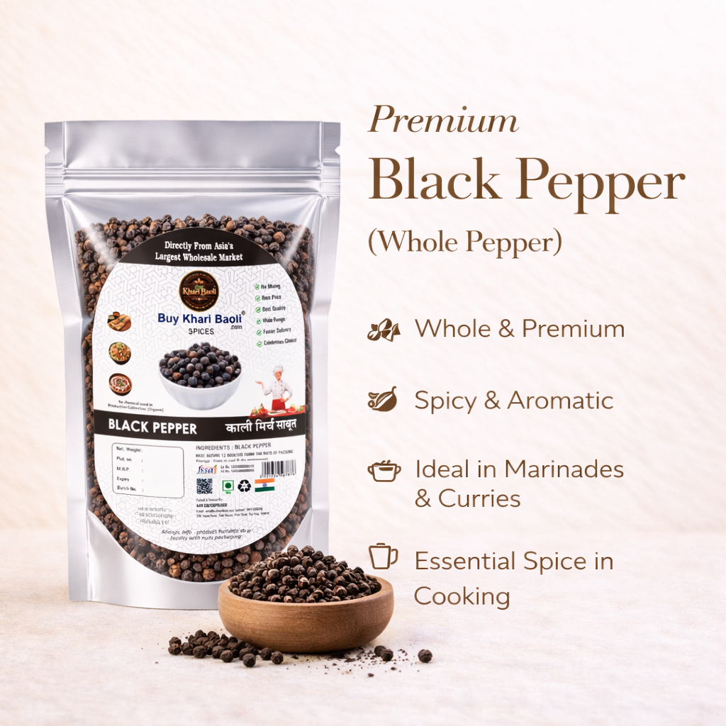 Packaging of premium black pepper with text highlighting