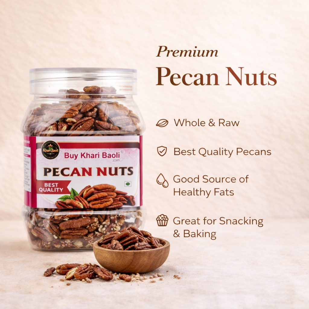 Jar of premium pecan nuts with a label