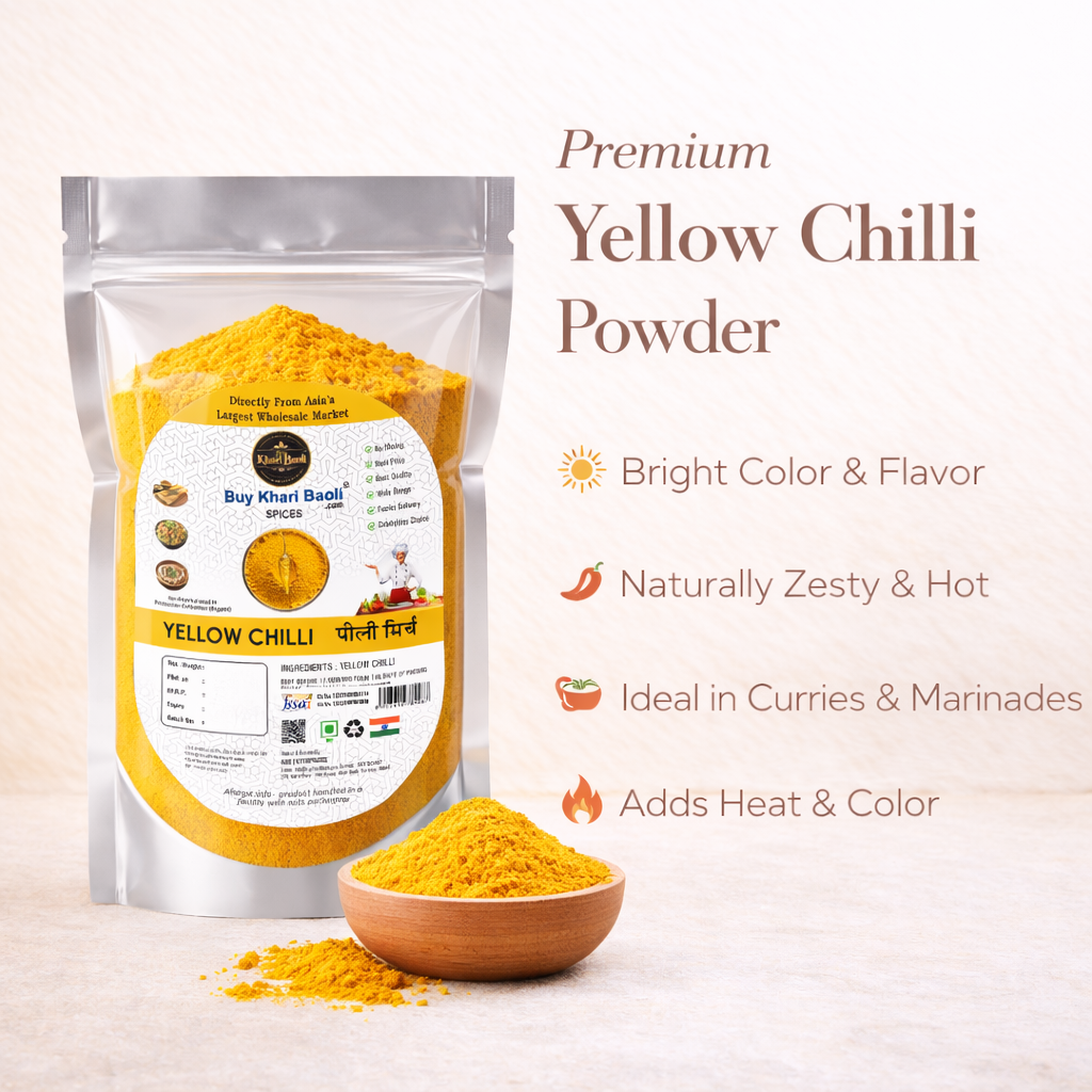 Packaging of premium yellow chilli powder with a bowl of powder