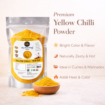 Packaging of premium yellow chilli powder with a bowl of powder