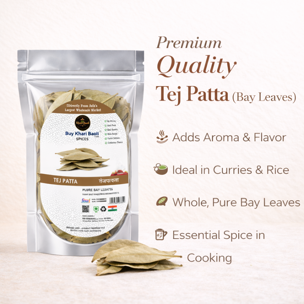 Packaged bay leaves with product details on a light background