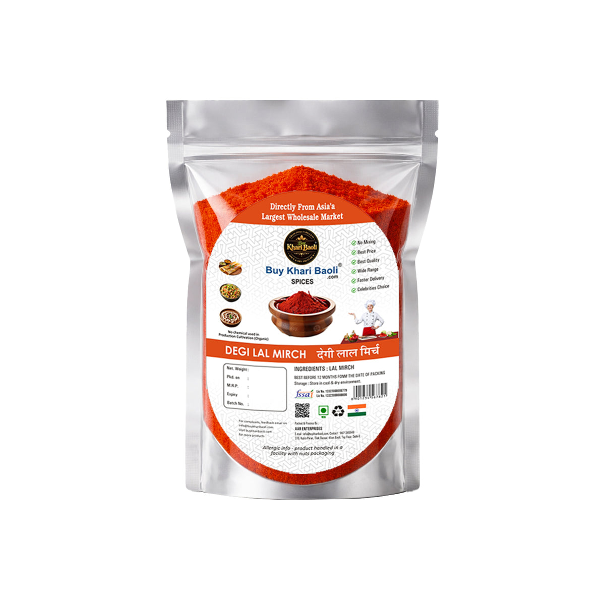 Packaged red chili powder with a clear window