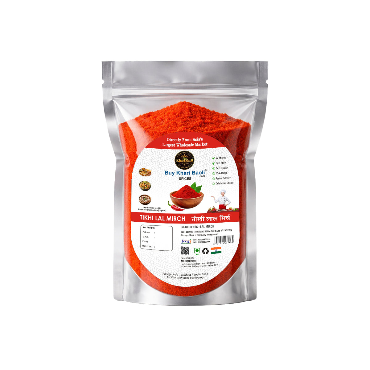 Spice package with red powder on a white background