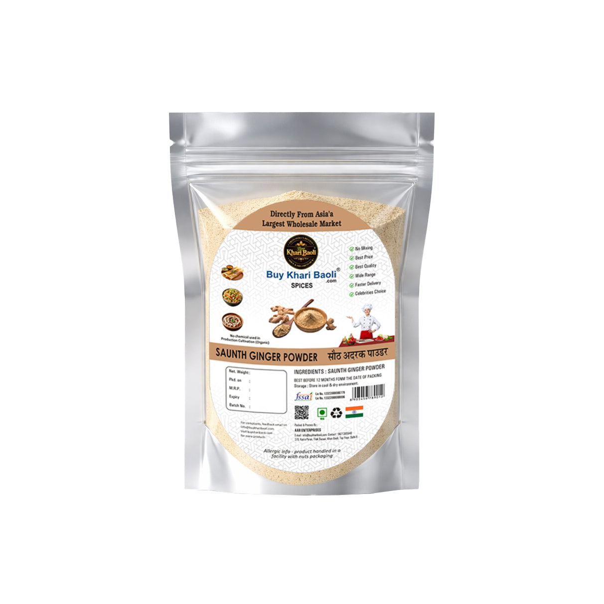 Silver packaging of saunth ginger powder with a label on a white background