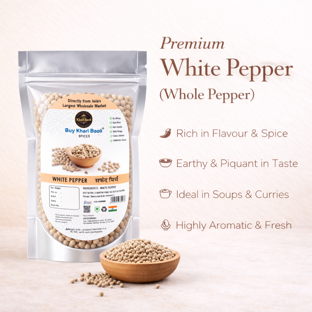 Packaging of premium white pepper with a bowl of pepper on a light background