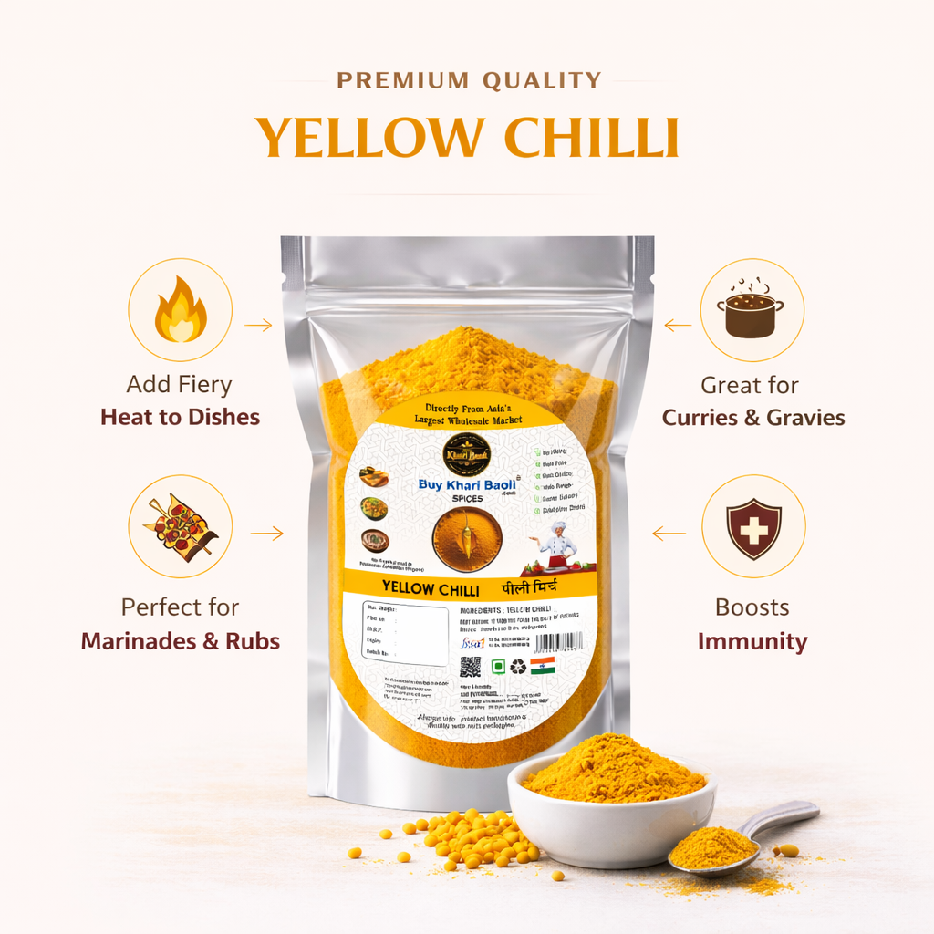 Packaging of premium yellow chilli powder with features and benefit
